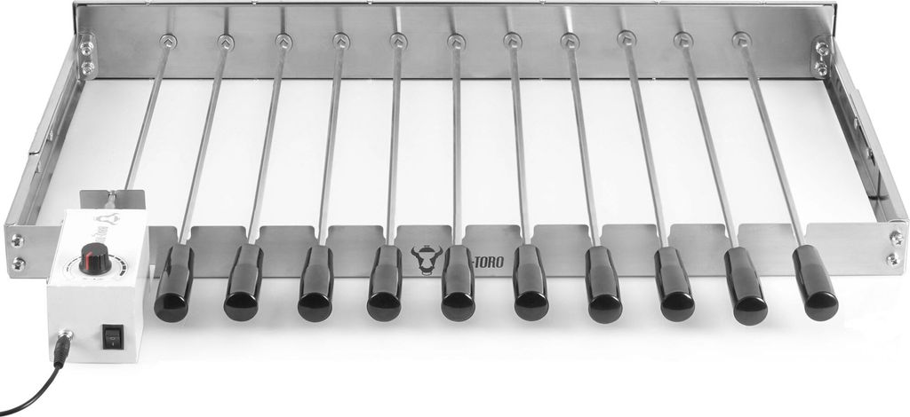 A stainless steel rotisserie attachment with multiple skewers and a motor unit.