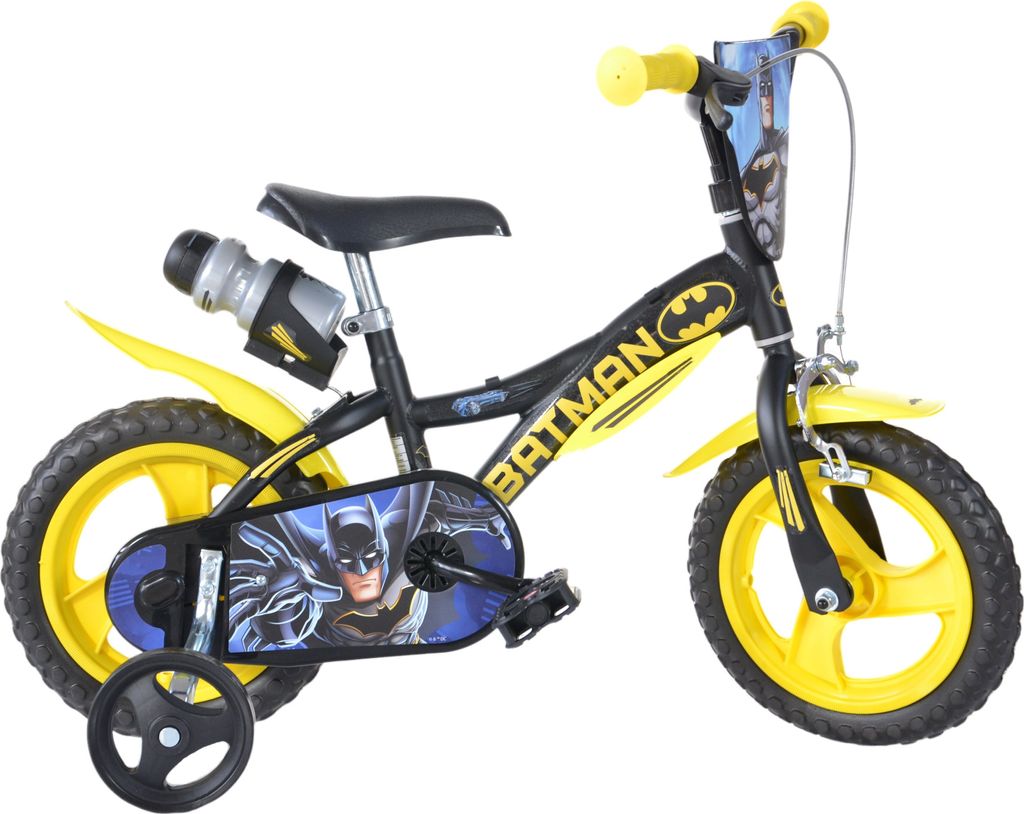A children's Batman-themed bicycle with training wheels.