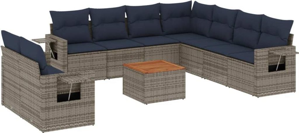 vidaXL 10-teiliges Gartensofa-Set mit Kissen, grau, Polyrattan