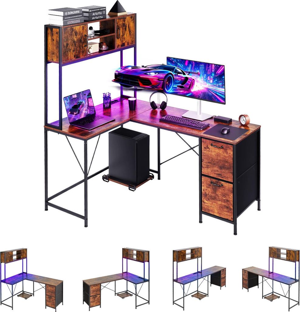 VEVOR Gaming-Schreibtisch L-Förmig, Ecktisch mit LED-Beleuchtung, 1,58 m Eck-Computertisch mit Steckdosen, Verschiebbarem CPU-Ständer & Aufbewahr...