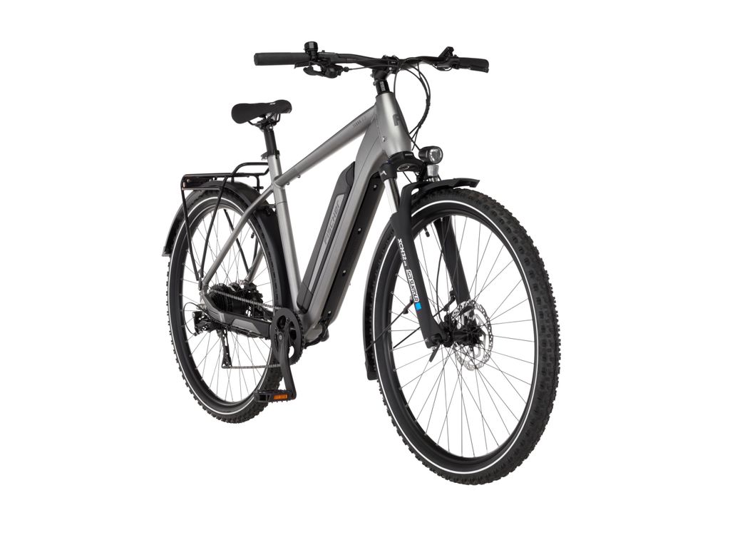 A studio shot of a grey electric bicycle against a white background.