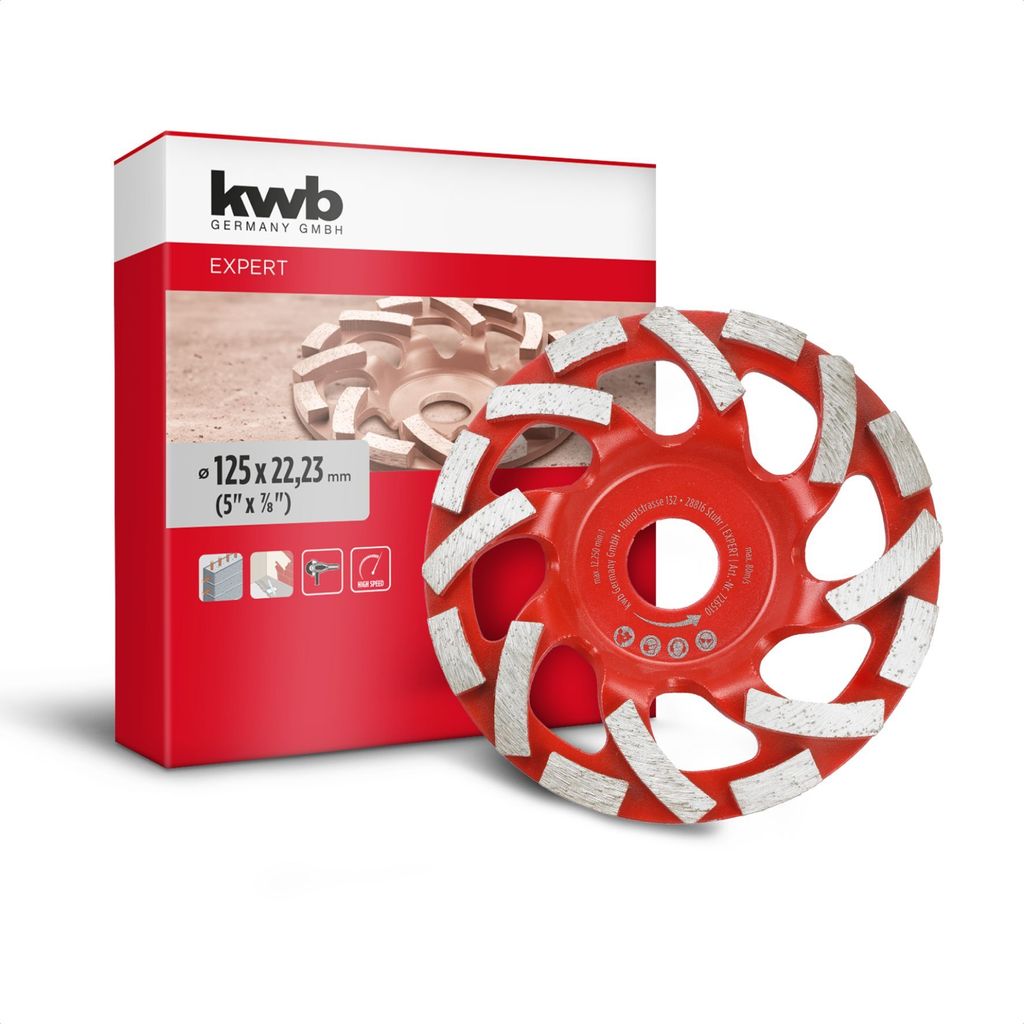 kwb Diamant-Schleiftopf, Diamant-Schleifteller (mit Wechselsegmentierung, Ø 125 mm, für Winkelschleifer, ideal für Beton, Putz, Estrich und Flie...