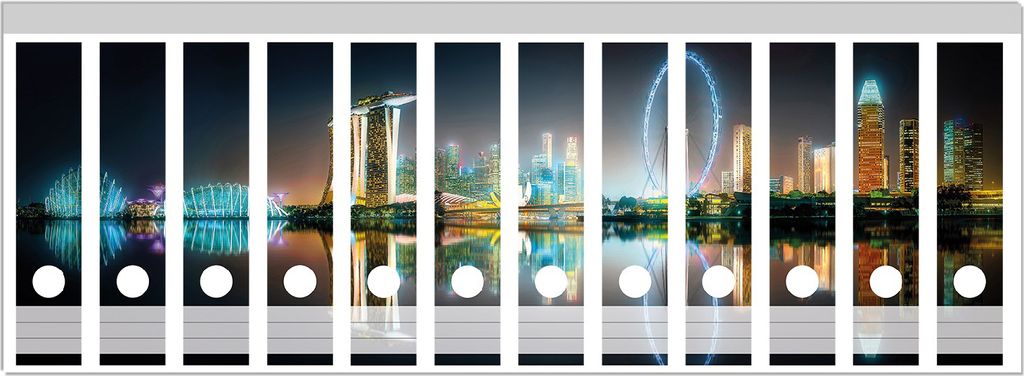 Wallario Ordnerrücken Sticker, selbstklebend für breite Ordner, 12 Stück, Motiv Singapur bei Nacht