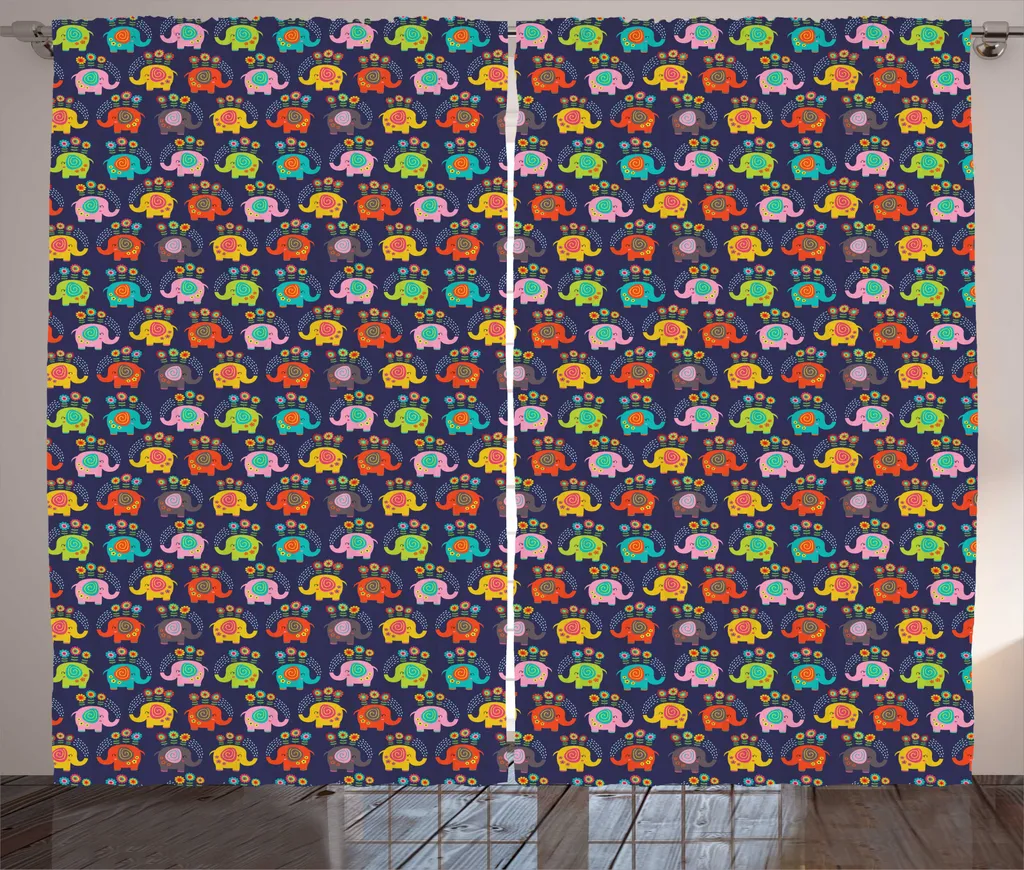 Rideau Indigo Motif Floral et Éléphants avec Fixations Universelles