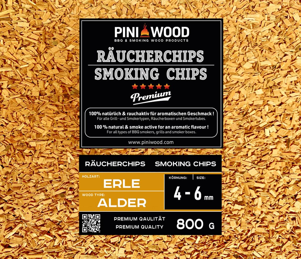 PINI 800 g Räucherchips Erle ohne Rinde 4-6 mm Smoking Chips Räucherspäne