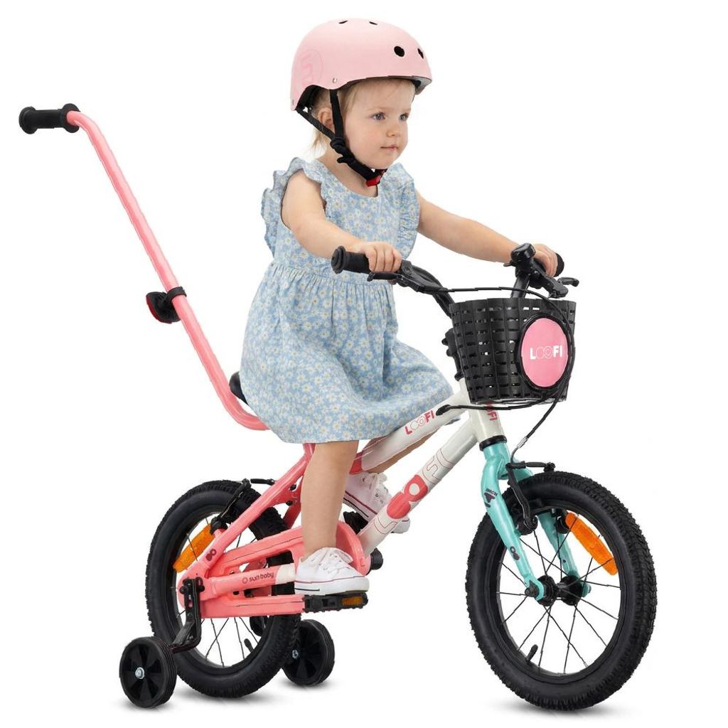 SUN BABY LOOFI Kinderfahrrad 14 Zoll, leichtes Aluminium Fahrrad 6,6 kg für Kinder ab 3 Jahre, mit Stützrädern, Korb, Klingel, Mädchen