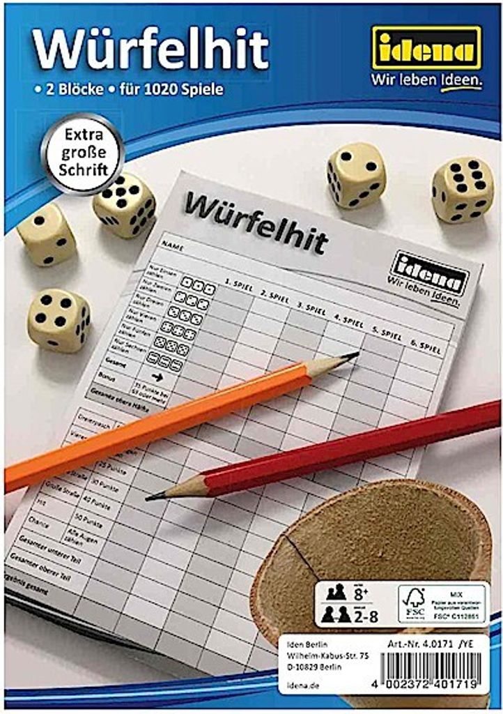 Würfelhit Spielblöcke mit großer Schrift - 2 Stck mit je 85 Blatt für 1020 Spiele