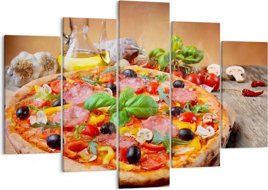 Bild auf Leinwand - Leinwandbild - Pizza Käse Tomaten - 150x100cm - Wand Bild - Wanddeko - Leinwanddruck - Bilder - Kunstdruck - Wanddekoration - ...