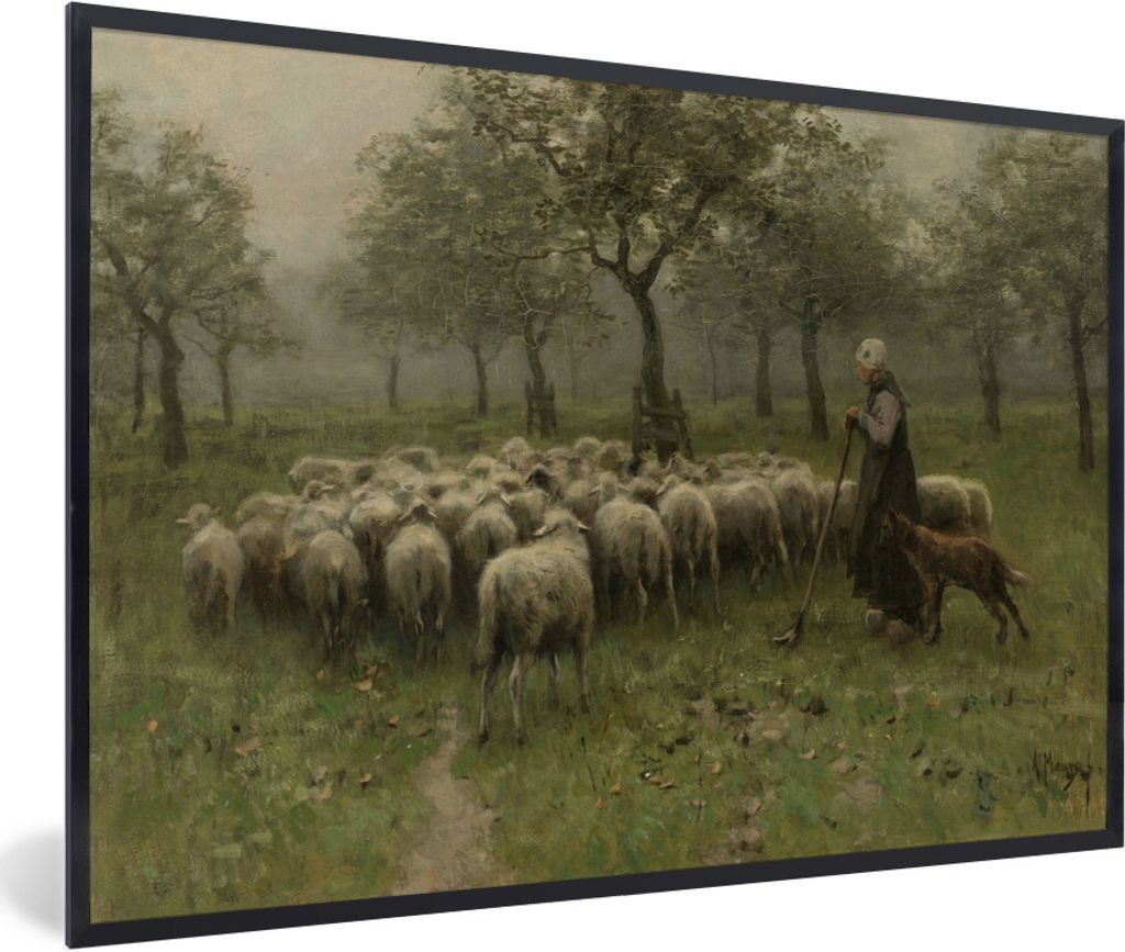 MuchoWow Gerahmtes Poster Hirtin mit Schafherde - Gemälde von Anton Mauve 30x20 cm - Poster mit Schwarzem Bilderrahmen Wandposter Rahmen Foto Bi...