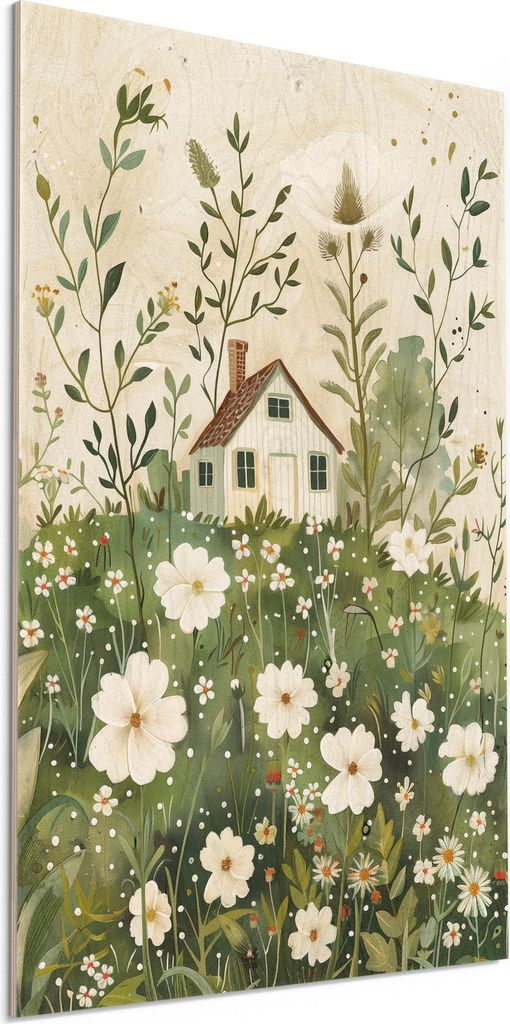 DEQORI Holzbild 40x60 cm 'Versteckt im Blumenmeer' Bild auf Holz Wandbild Kunstdruck