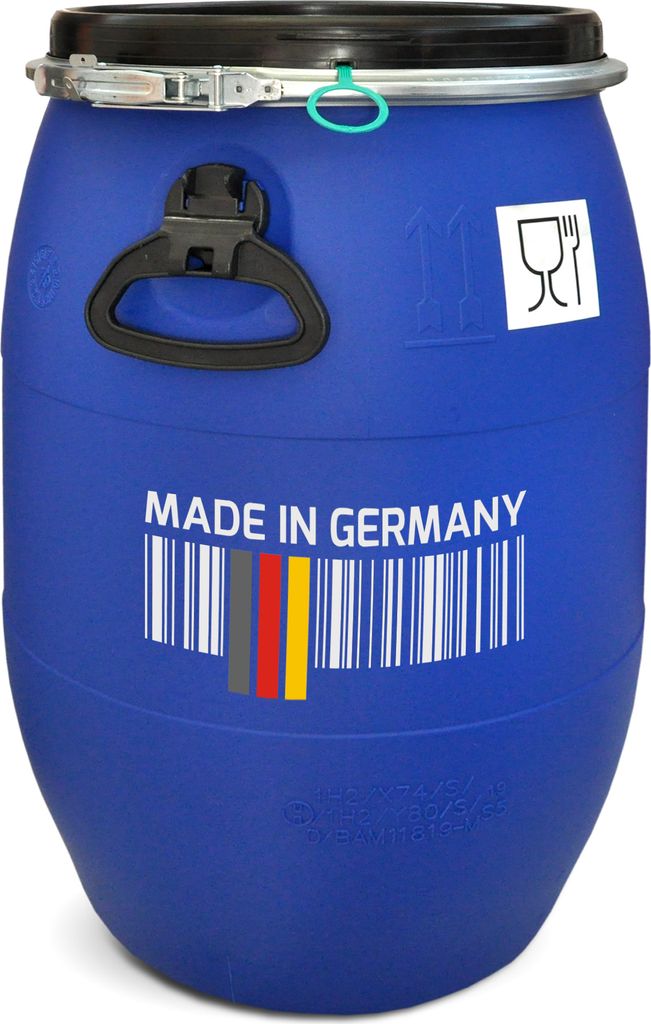 A blue plastic barrel with a black lid and metal clamp.