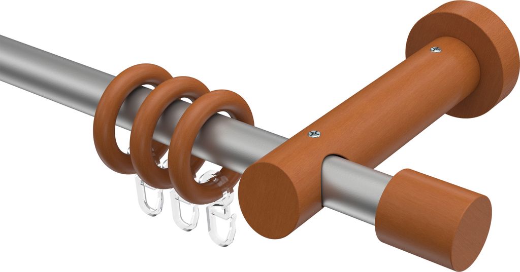 Interdeco Gardinenstange / Vorhangstange Silbergrau / Kirschbaum lackiert, Typ Talena Feta (Kappe), 20 mm Ø 1-läufig, 440 cm
