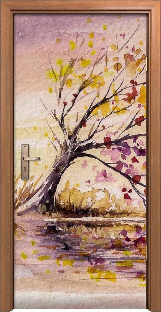 Türposter 90x200 cm Türaufkleber Türtapete Türfolie Klebefolie Foto Herbst Baum am Wind Aquarell