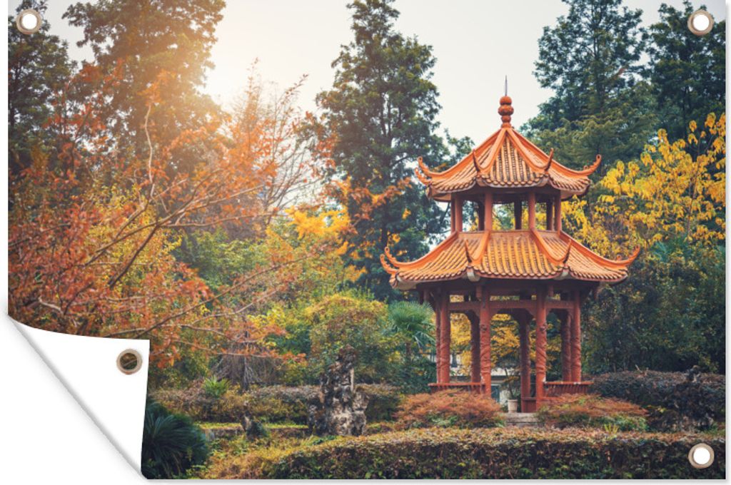 MuchoWow 90x60 cm Outdoor-Poster Gartendeko Sichtschutz Garten Poster für den Garten Chinesischer Pavillon im Wald von Chengdu, China