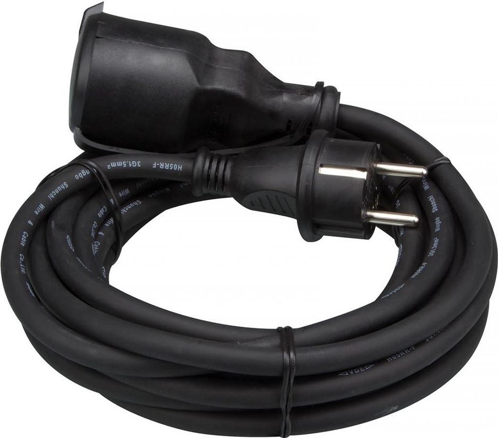 Perel Verlängerungskabel, H05RR-F 3G1.5, 5 m, 16 A/230 V, 3680 W, Typ E/F, IP44, Gummi, schwarz