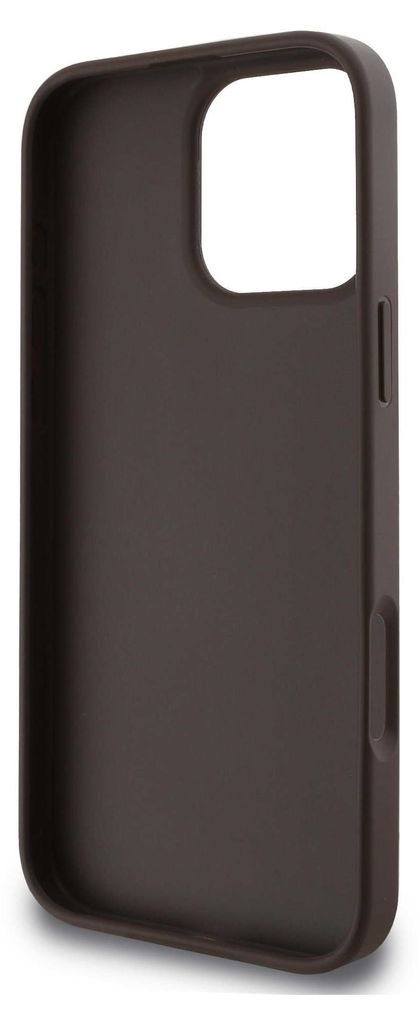 A dark brown iPhone case is shown from a side angle against a white background.