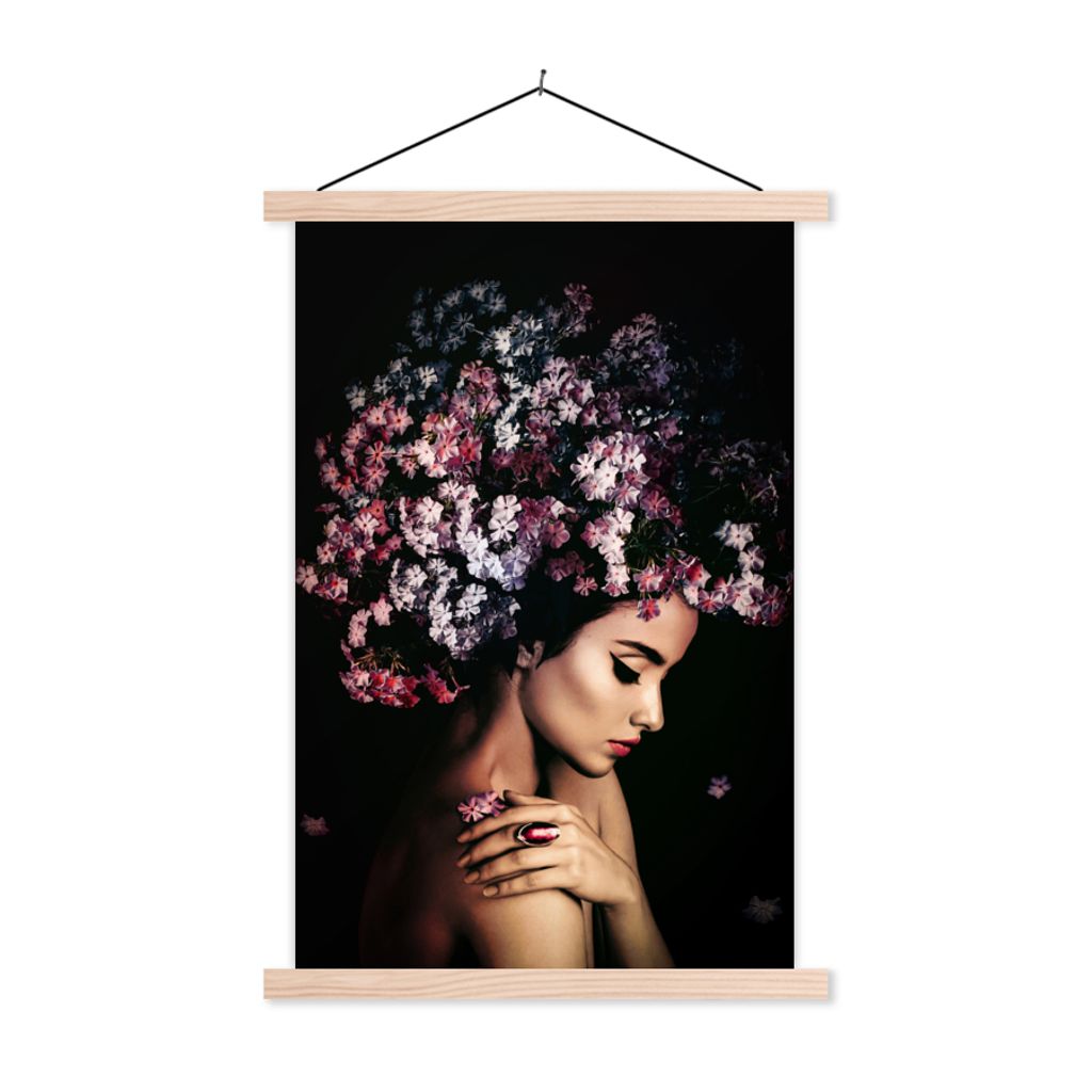 MuchoWow Textilposter Blossom - Frau - Rosa - Luxus 120x180 cm mit holzfarbenen Rahmen - Textil-Plakat