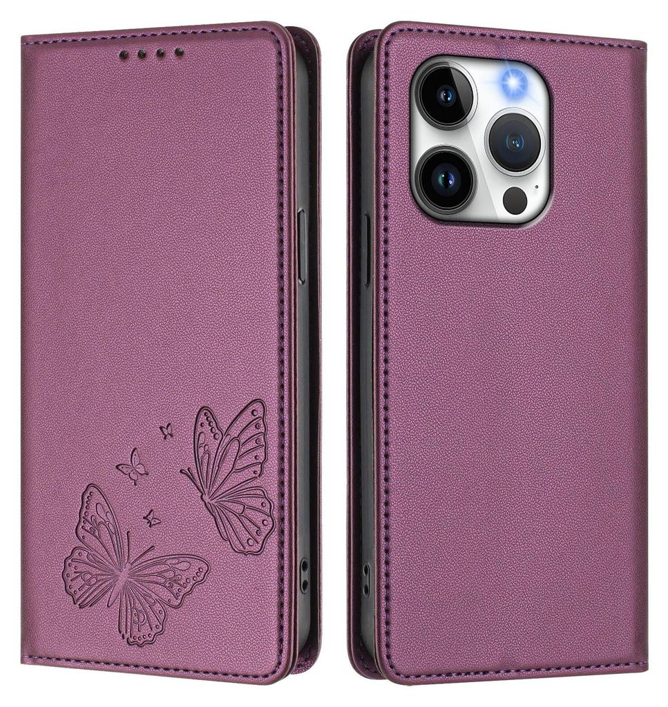 Lederhülle für iPhone 14 Pro, Schmetterling Prägung Leder Brieftasche Schutzhülle mit Ständer Lila