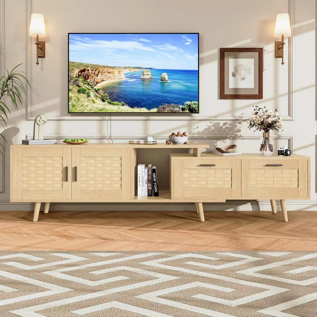 ProximaX Mobiletto TV allungabile in look rovere - Frontale in rattan dal design naturale - Mobiletto TV flessibile per il soggiorno e l'area di intrattenimento