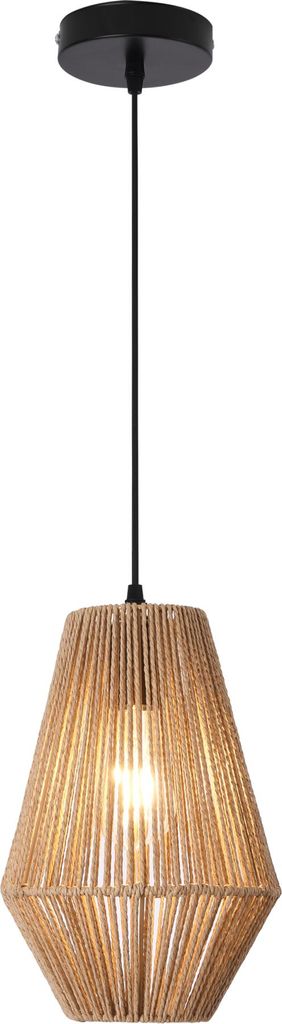 A pendant light with a woven rope shade and a black cord and canopy.
