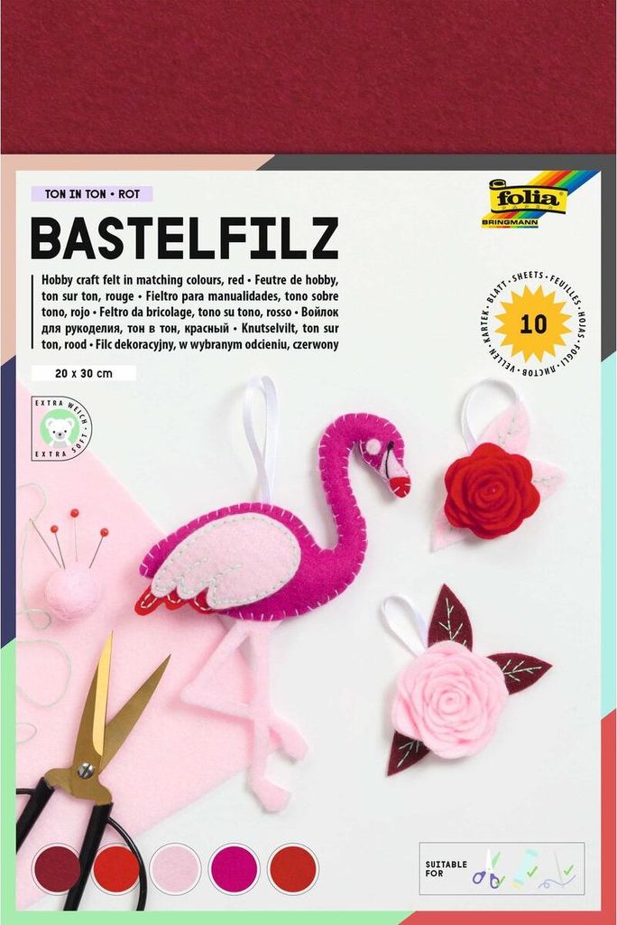 folia Bastelfilz TON-IN-TON MIX 200 x 300 mm rot 150 g/qm 10 Bögen