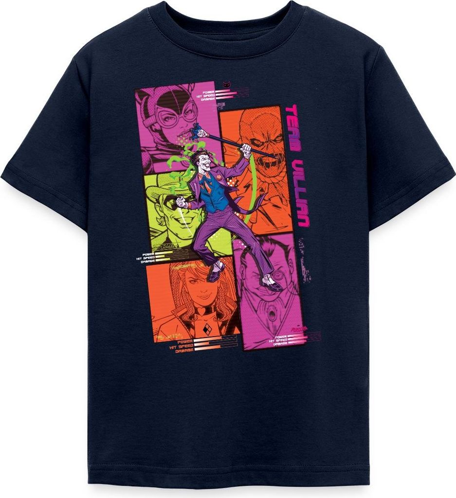 Spreadshirt Batman Team Villain Mit Joker Und Comic-Panels Teenager T-Shirt, 134/146 (9-11 Jahre), Navy