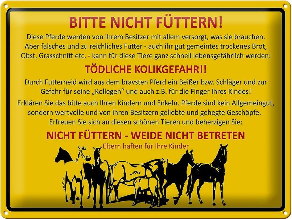 Blechschild Hinweis bitte nicht füttern Pferde Weide, 40x30 cm, Blechschilder Bauernhof Landwirt Tiere