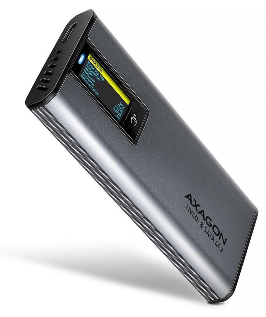 Axagon EEM2-SD2 USB-C 10Gbps – M.2 NVMe & SATA SSD DISPLAY Produktbild 