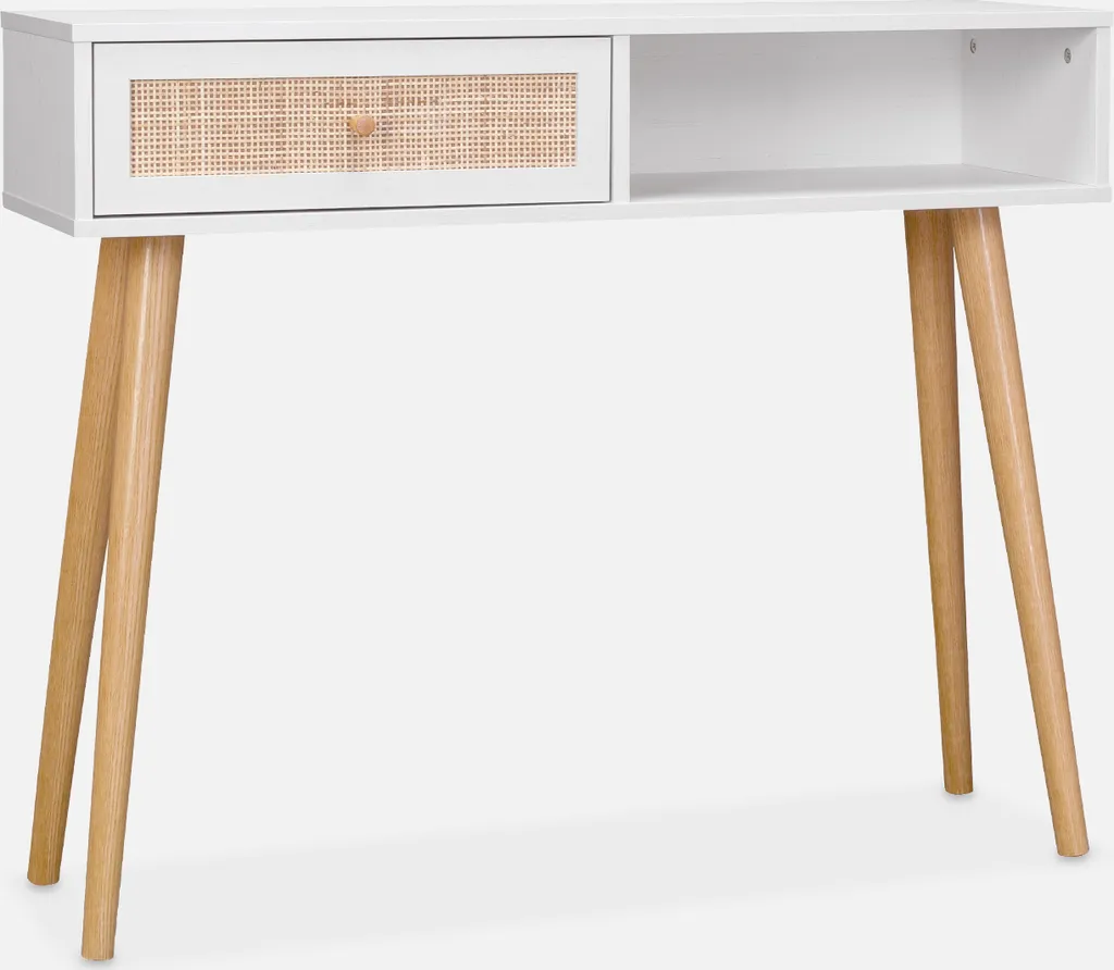 Consolle scandinava con effetto legno e canna, 100cm, Bianco sporco