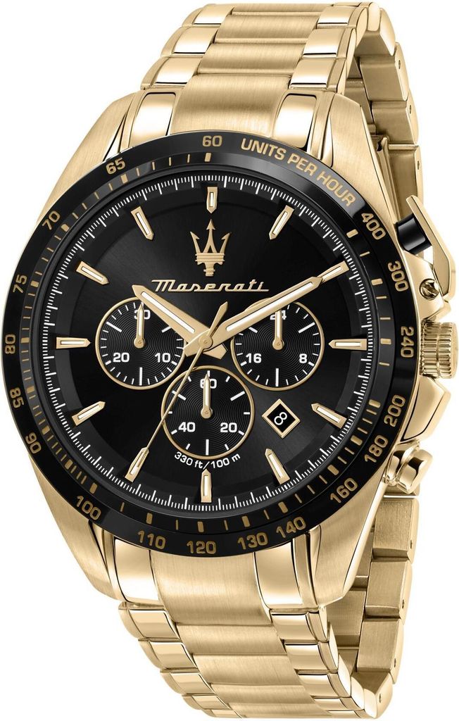 A close-up studio shot of a gold Maserati chronograph watch with a black dial.