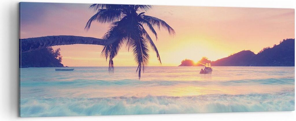 Bild auf Leinwand - Leinwandbild - Meer Strand Palme - 140x50cm - Wand Bild - Wanddeko - Wandbilder - Leinwanddruck - Bilder - Kunstdruck - Wanddek...