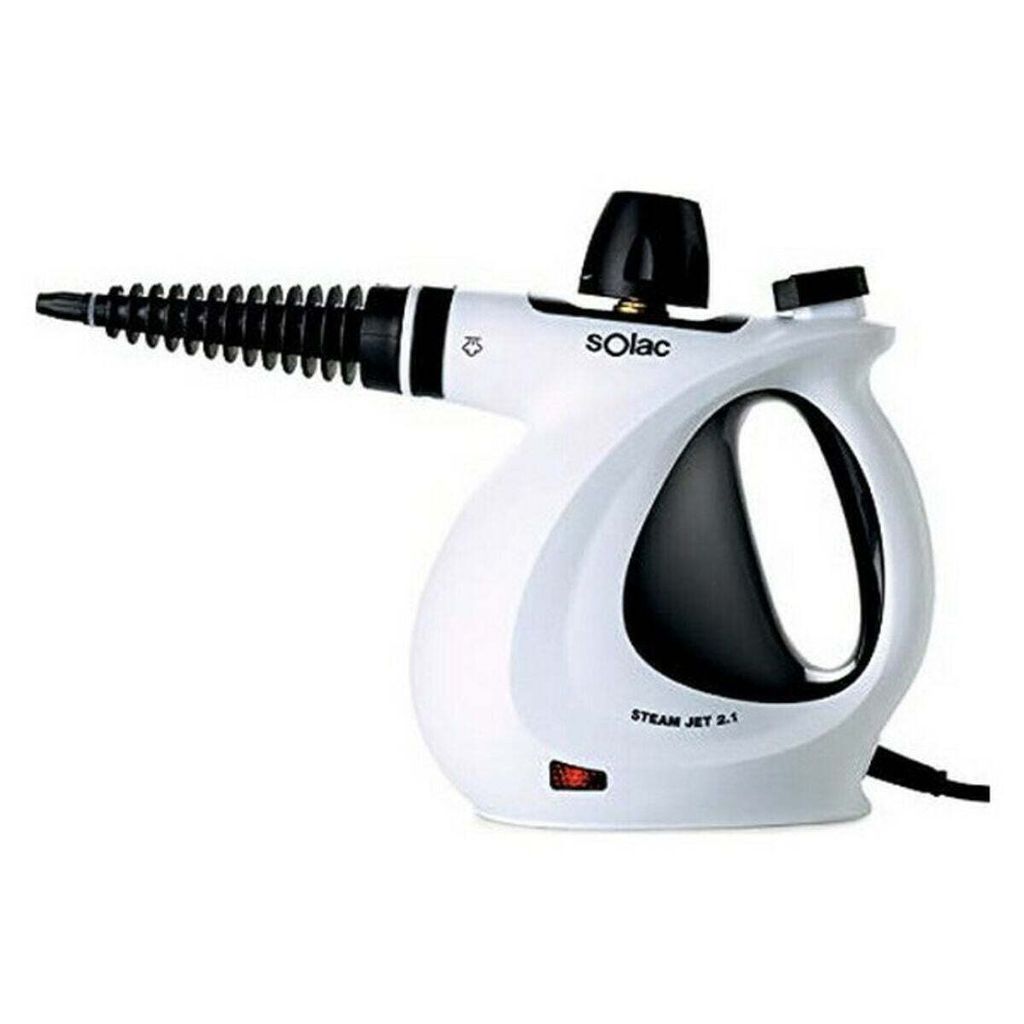 A white and black steam cleaner is shown against a white background.