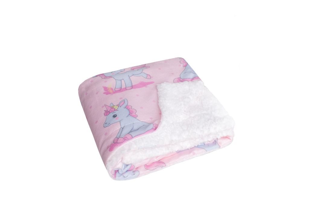 Baby Kinder Kuscheldecke Velboa / Sherpa - Einhorn - 80x100 cm Schmusedecke Babydecke