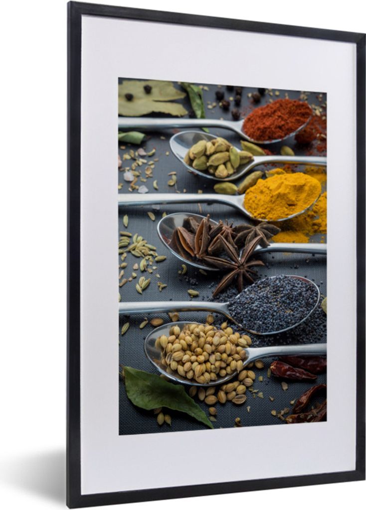MuchoWow Gerahmtes Poster Nahaufnahme Löffel mit Gewürzen und Kräutern 40x60 cm - Poster mit Schwarzem Bilderrahmen Wandposter Rahmen Foto Bil...