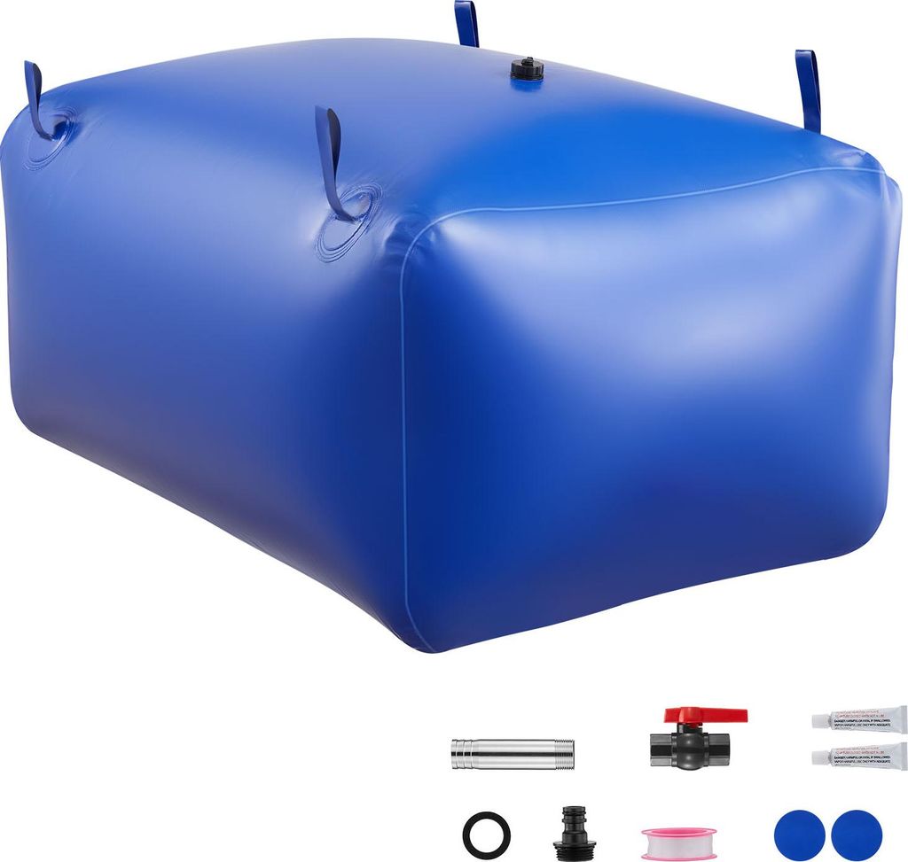 A blue, rectangular, inflatable water storage tank with various accessories laid out below it on a white background.