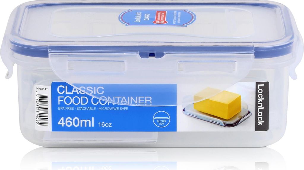 A LocknLock food container with a label showing product details and an image of butter.