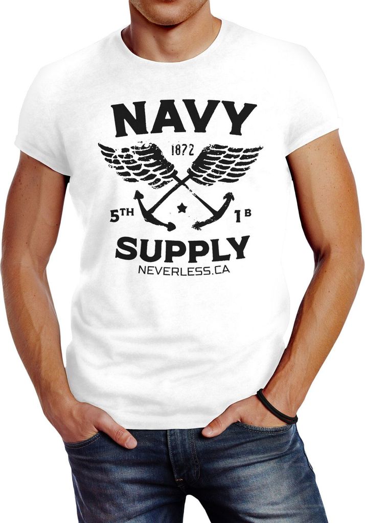 Cooles Herren T-Shirt New Nautical Maritim Anker mit Flügeln Navy Supply Vintage Neverless weiß M