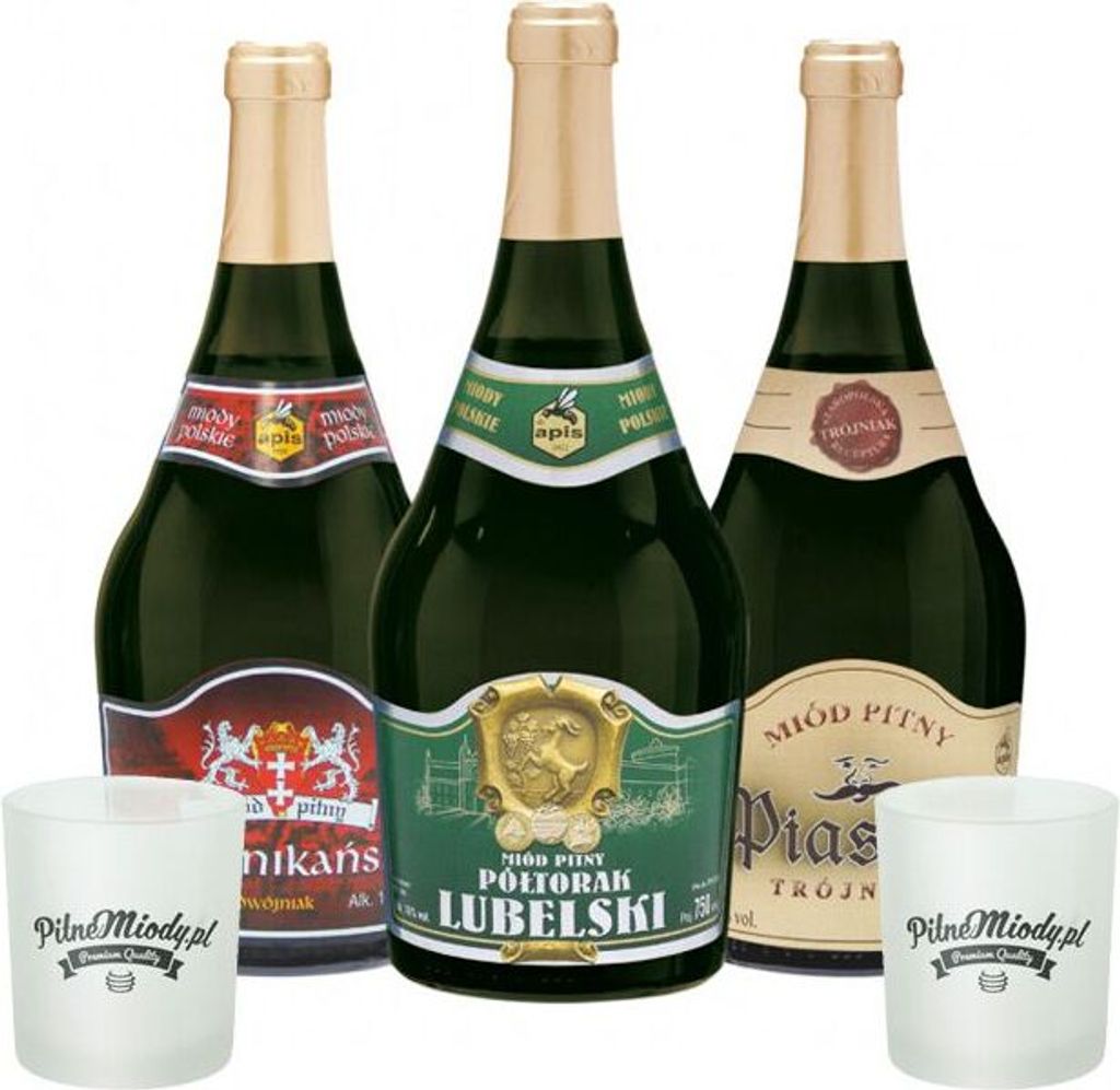Set mit 3 Apis Mets (Honigwein Półtorak-Eineinhalber/ Dwójniak-Halber / Trójniak-Drittel) mit 2 Bechern | 2250ml | 13-16% Alkohol Metwein | Pol...