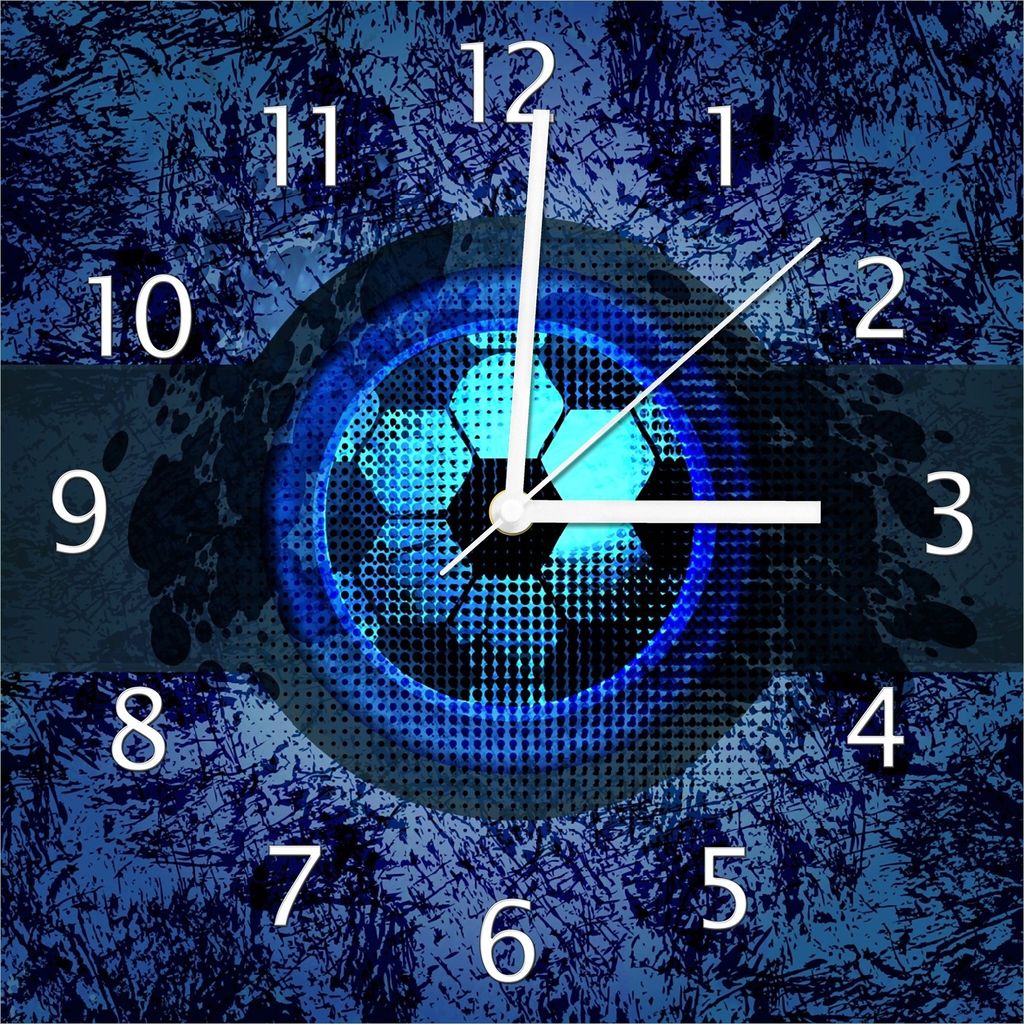Wallario Design Wanduhr Fußball Design - Abstraktes Muster in blau aus Echtglas, Größe 30 x 30 cm
