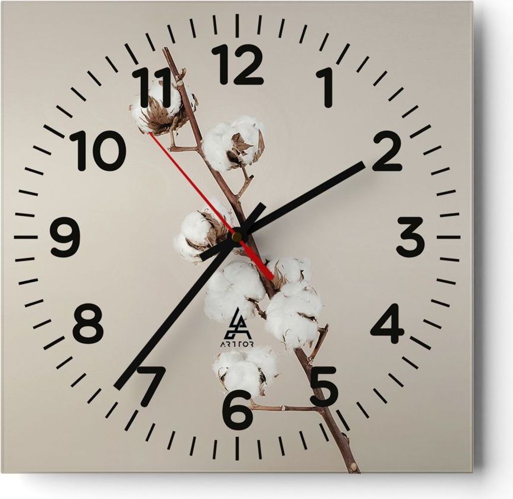 Wanduhr - Quadrat - Glasuhr - Baumwolle Zweig Boho - 30x30cm - Schleichendes Uhrwerk - Lautlos - zum Aufhängen bereit - Dekoration Modern - Wandde...