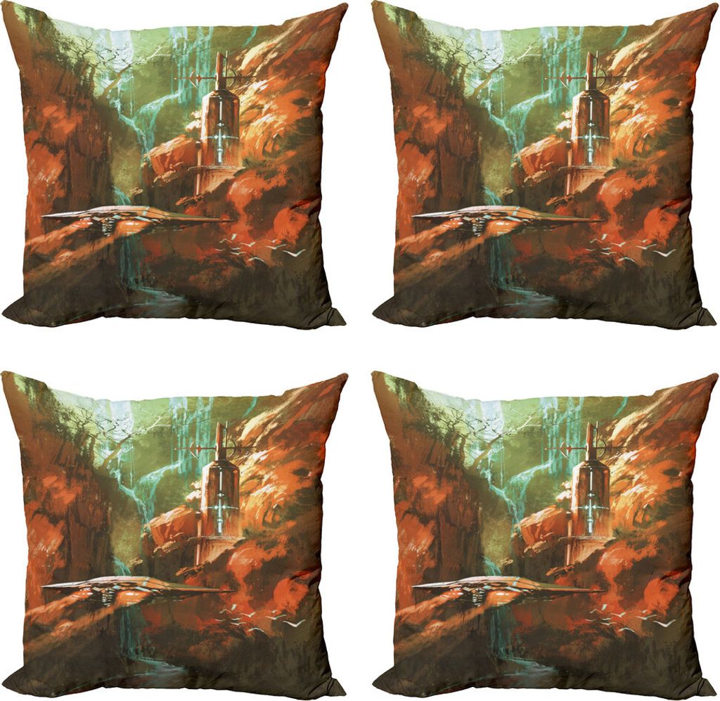 ABAKUHAUS Fantasy World Kissenbezug Set (4 Stück), Spaceship in Canyon, Moderner Doppelseitiger Digitaldruck, 40 cm x 40 cm, Braun