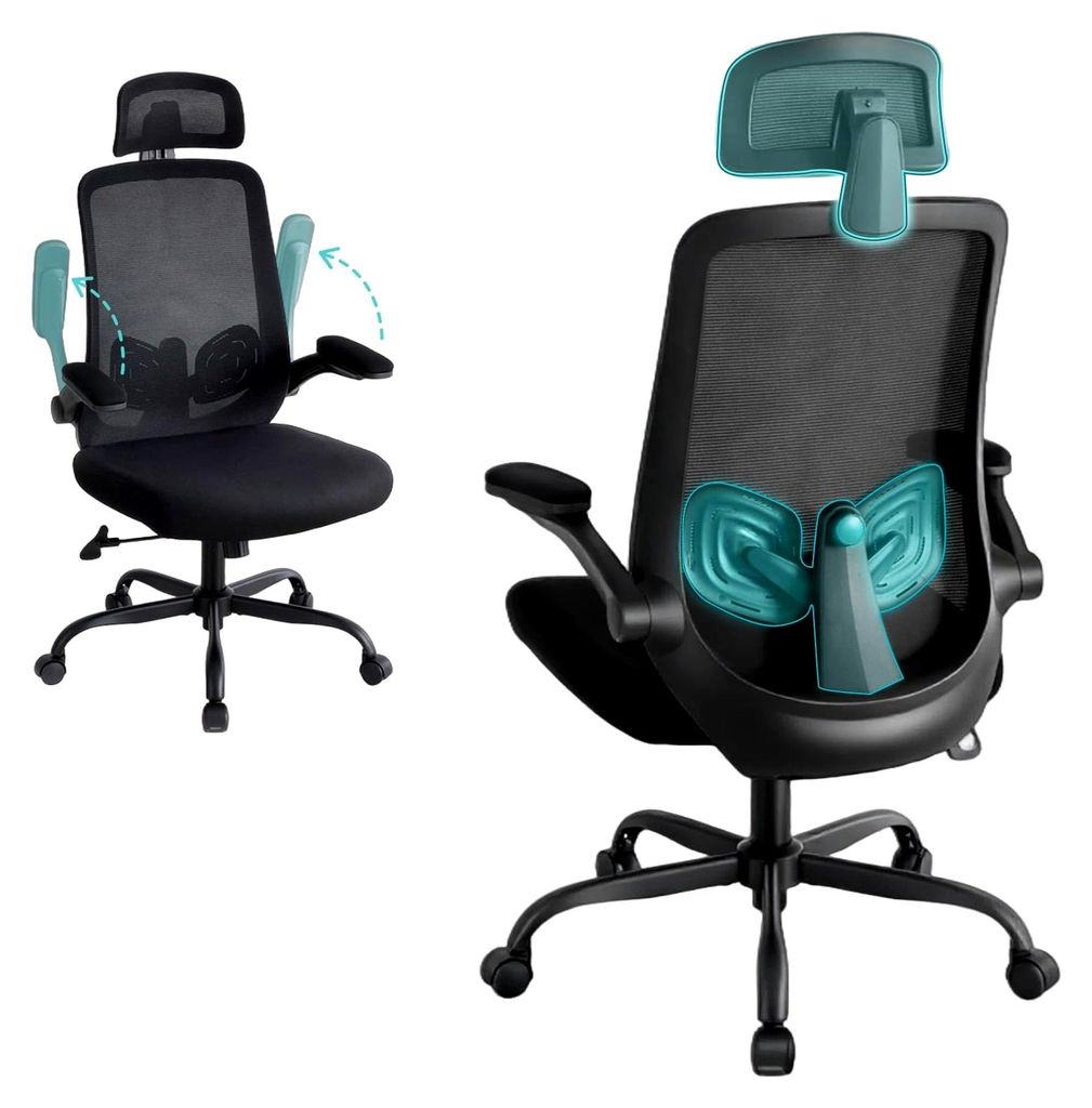 Ergonomischer Bürostuhl, Gaming Stuhl mit verstellbarer Kopfstütze und Armlehnen, Drehstuhl mit Lendenwirbelstütze, Chefsessel aus Mesh, rücken...