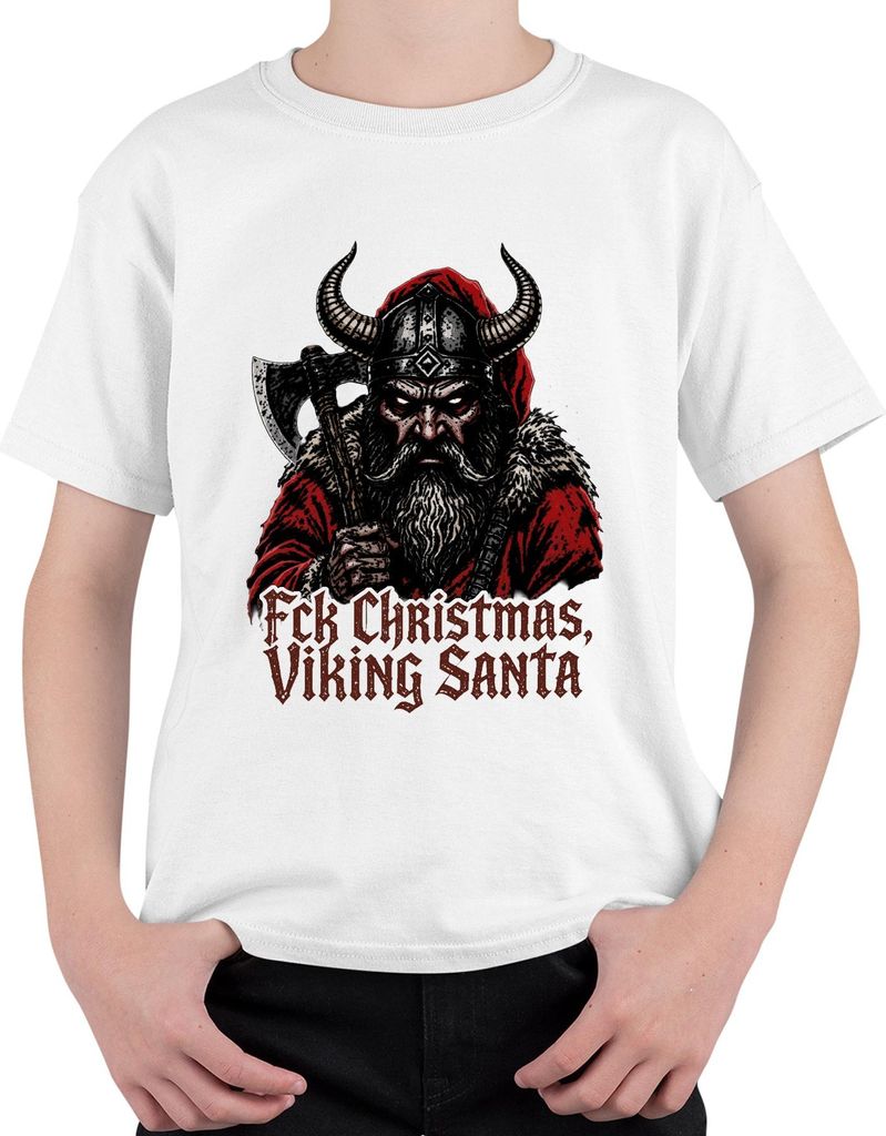 Viking Santa Fck Christmas Wikinger Axt Bart düster Geschenk Uni Kinder T-Shirt, Weiß, 140