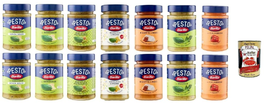 Barilla Box für Pesto, 14 Gläser x 190 g, Genuese, Basilikum und Pistazie, Ricotta und Nüsse, Rucola, Calabres, Basilikum und Zitrone, Genuese o...