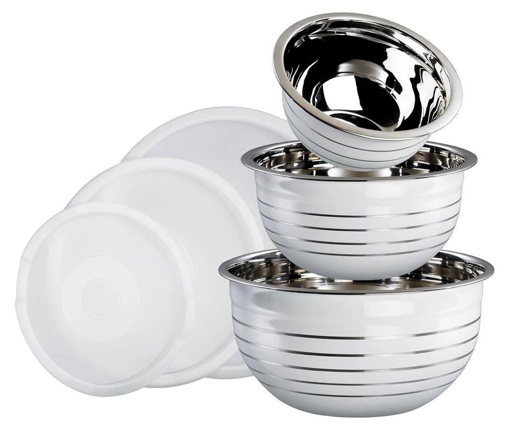 3-teiliges Schüssel-Set mit Deckeln, Größen ca. 18, 22 und 26 cm, weiß-silber gestreift