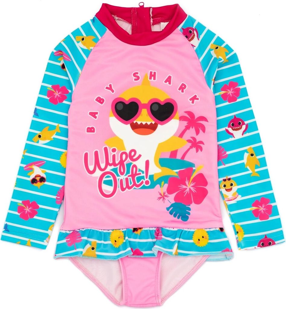 Baby Shark - "Wipe Out!" Badeanzug für Mädchen Langärmlig NS7140 (110) (Blau/Pink)