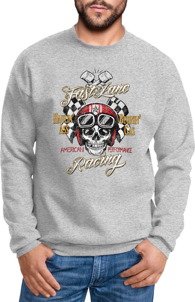 Sweatshirt Herren Skull Totenkopf Fast Lane Pullover Rundhalspullover Neverless grau M