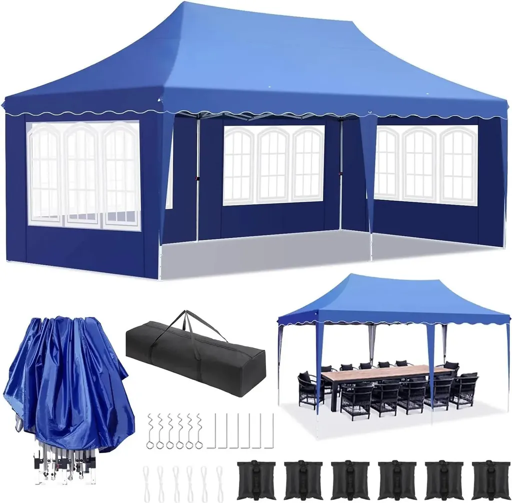 Pavillon pliant 3x6m bleu anti-pluie et vent, structure aluminium 4 murs