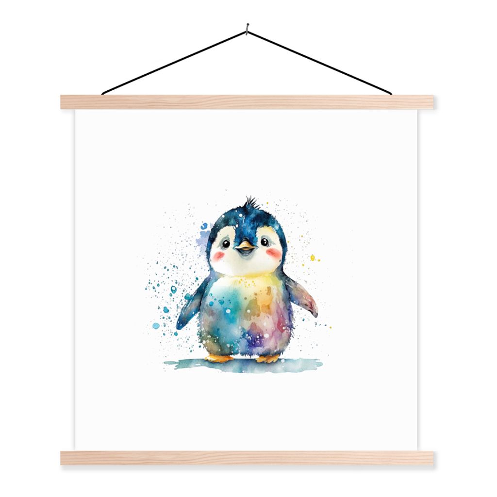 MuchoWow Textilposter Pinguin - Regenbogen - Aquarell - Tiere - Kinder 60x60 cm mit holzfarbenen Rahmen - Wanddekoration