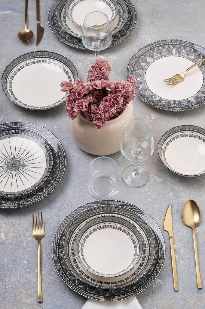 Hermia Concept, Hochwertiges 24-teiliges Dinner Set aus 100% Porzellan, Weiß, Anthrazit & Schwarz | 6 Servierplatten (25 cm), 6 Teller (20 cm), 6 ...
